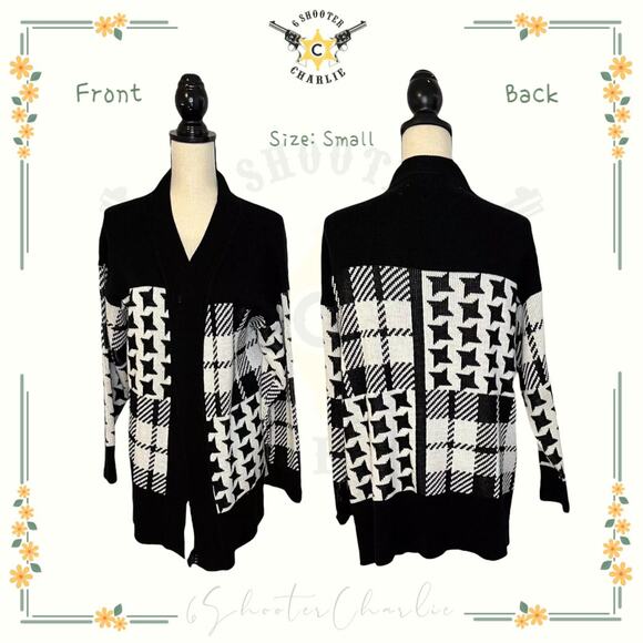 VTG Sweater Bazaar Womens Black/White Plaid Geometric Long Cardigan Size Small - Picture 1 of 7